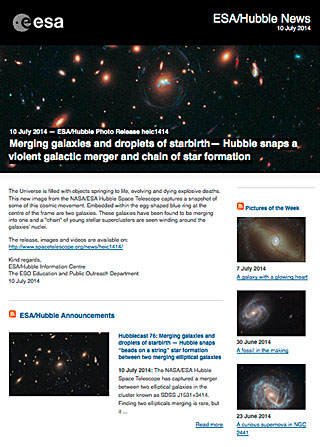 ESA/Hubble Photo Release heic1414 - Merging galaxies and droplets of starbirth — Hubble snaps a violent galactic merger and chain of star formation