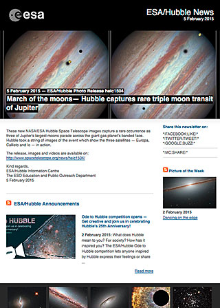 ESA/Hubble Photo Release heic1504 - March of the moons — Hubble captures rare triple moon transit of Jupiter