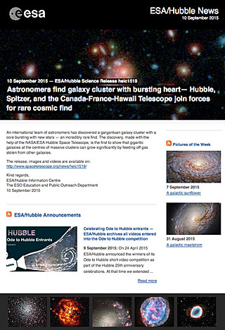 ESA/Hubble Science Release heic1519 - Astronomers find galaxy cluster with bursting heart — Hubble, Spitzer, and the Canada-France-Hawaii Telescope join forces for rare cosmic find