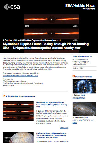 ESA/Hubble Organisation Release heic1521 - Mysterious Ripples Found Racing Through Planet-forming Disc — Unique structures spotted around nearby star