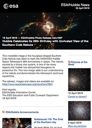 ESA/Hubble Photo Release heic1907 - Hubble Celebrates its 29th Birthday with Unrivaled View of the Southern Crab Nebula