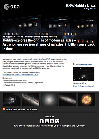 ESA/Hubble Science Release heic1315 - Hubble explores the origins of modern galaxies — Astronomers see true shapes of galaxies 11 billion years back in time